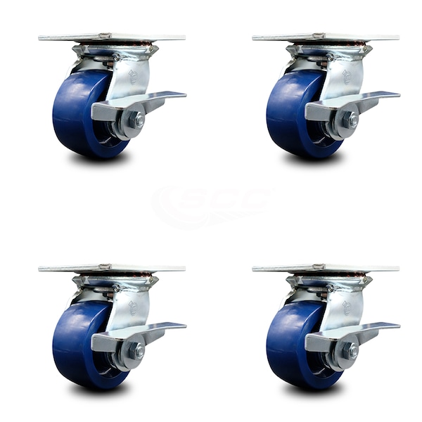 4 Inch Heavy Duty Solid Poly Caster Set with Ball Bearings and Brakes SCC